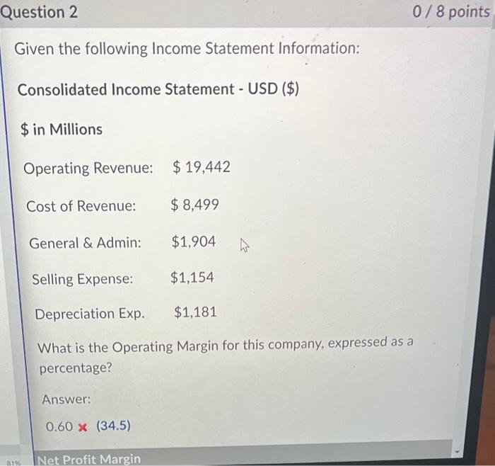 Question 2 Given the following Income Statement Information: Consolidated Income Statement -