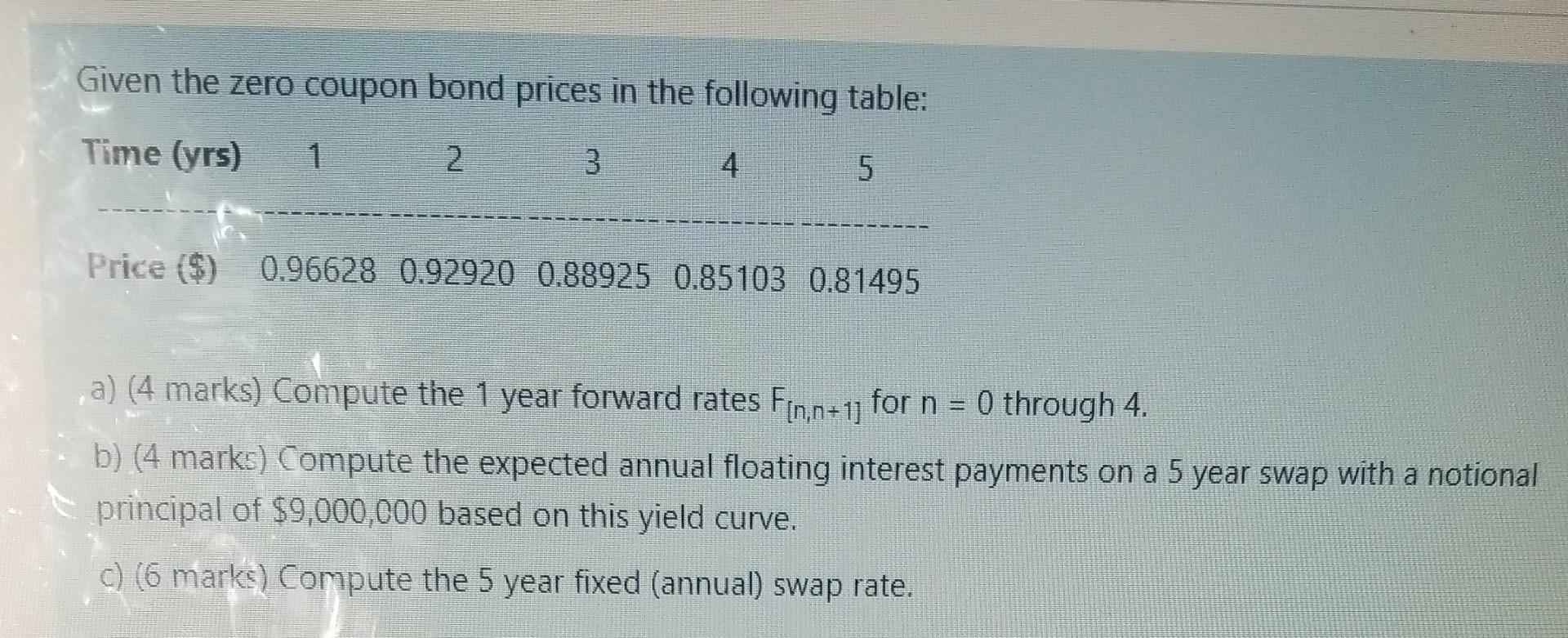  Given the zero coupon bond prices in the following table: Time