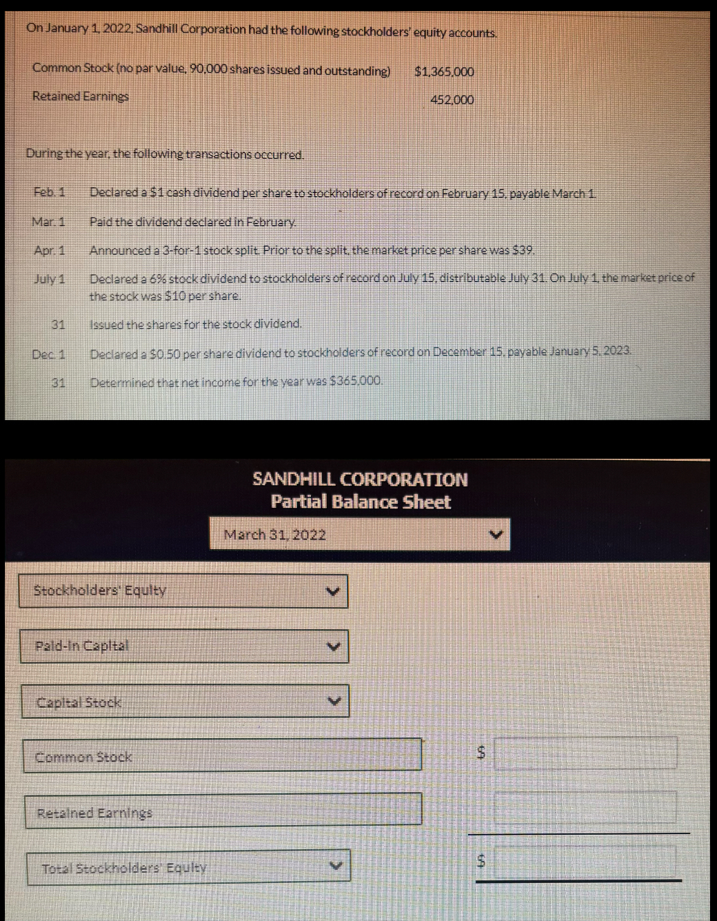  On January 1,2022, Sandhill Corporation had the following stockholders' equity accounts.