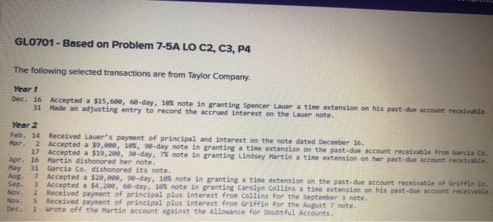  GLO701 - Based on Problem 7-5A LO C2, C3, P4 The