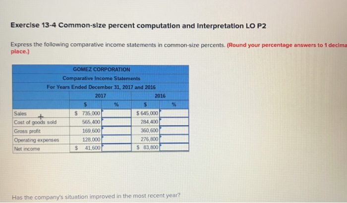  Exercise 13-4 Common-size percent computation and interpretation LO P2 Express the