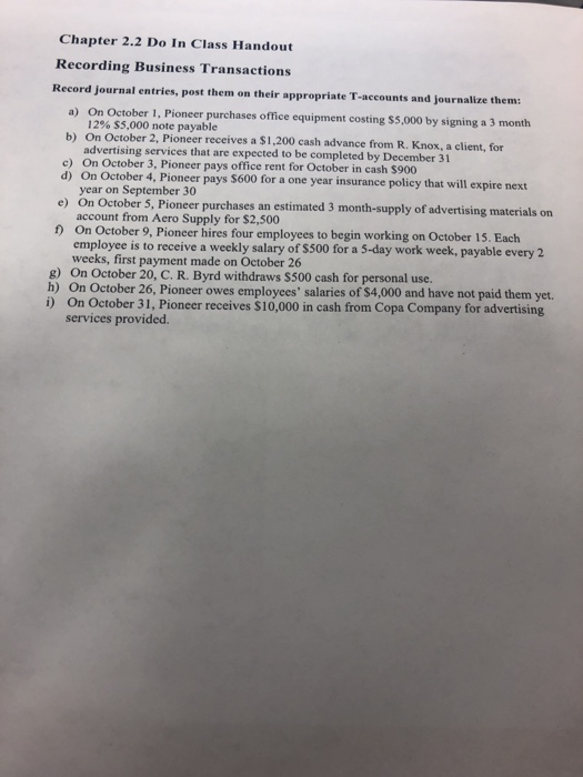  Chapter 2.2 Do In Class Handout Recording Business Transactions Record journal