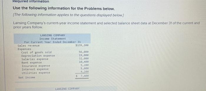  Required information Use the following information for the Problems below. The