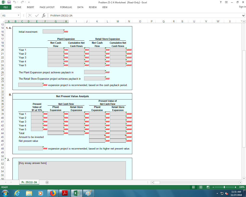  Problem 25-2 A Worksheet [Read-Only] - Excel FILE HOME INSERT PAGE