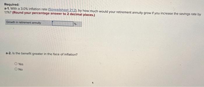  Required: a-1. With a 3.0% inflation rate (Spreadsheet 21.2 ), by