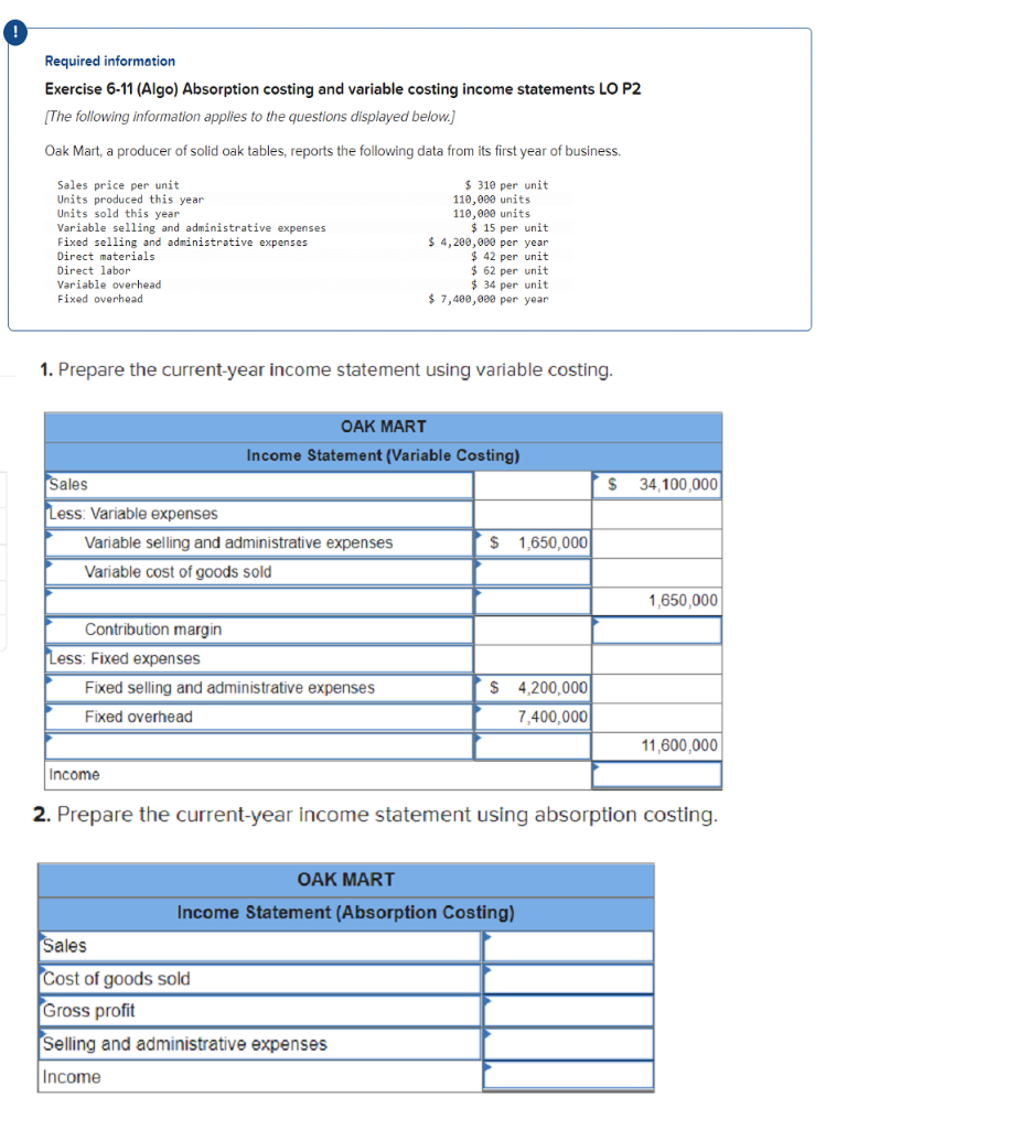  Required information Exercise 6-11 (Algo) Absorption costing and variable costing income