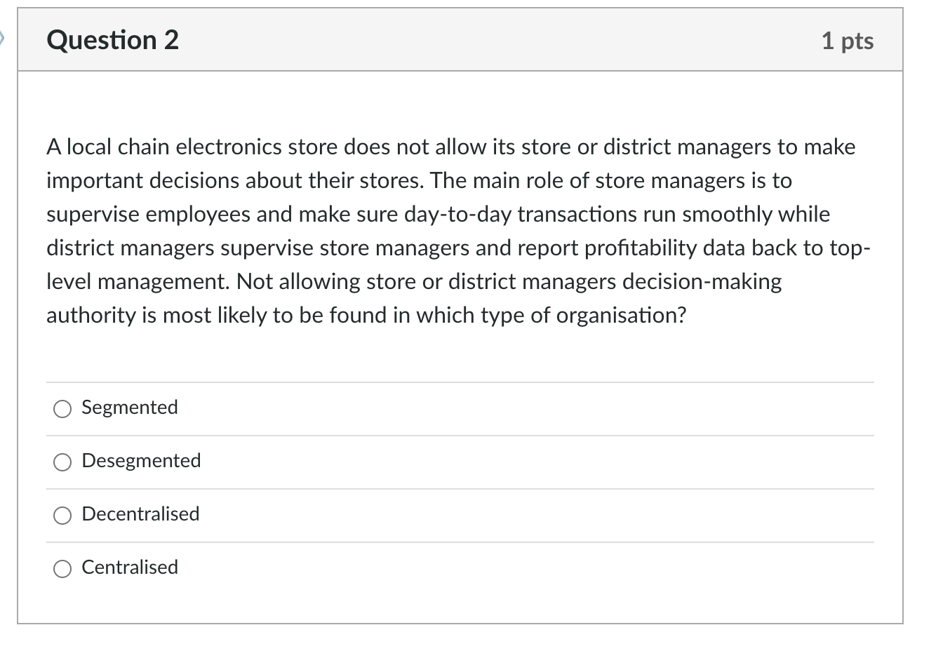  Question 2 1 pts A local chain electronics store does not