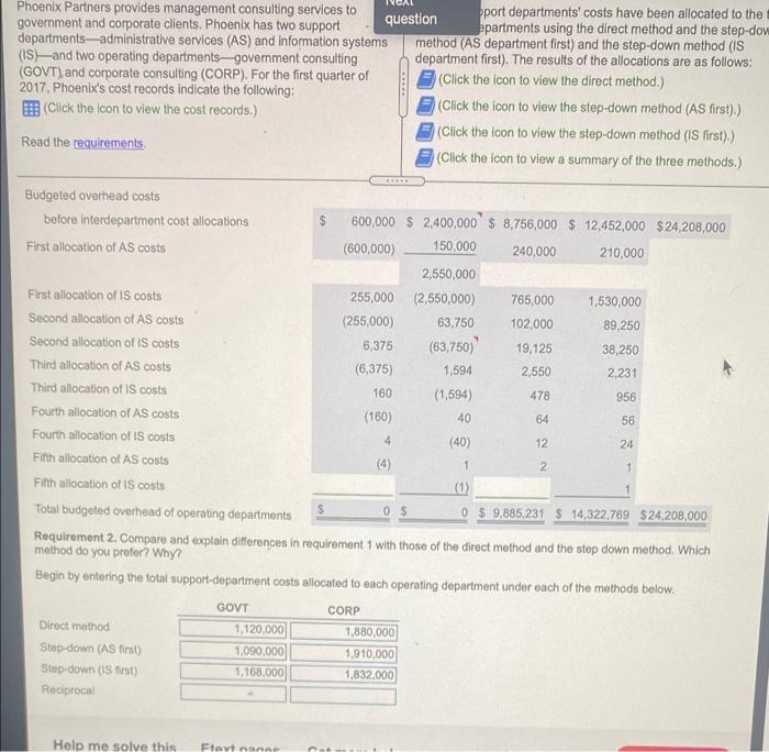 services to question oport departments' costs have been allocated to the two