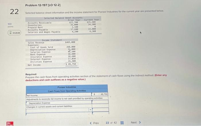  Problem 12-197 [LO 12-2] 22 100 points Selected balance sheet information