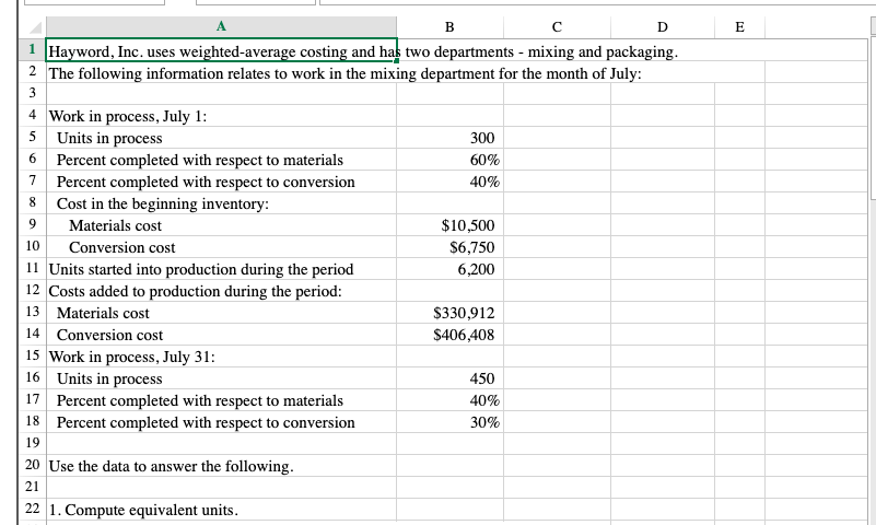 ANSWERED CELL) Hayword, Inc. uses weighted-average costing and has two departments and