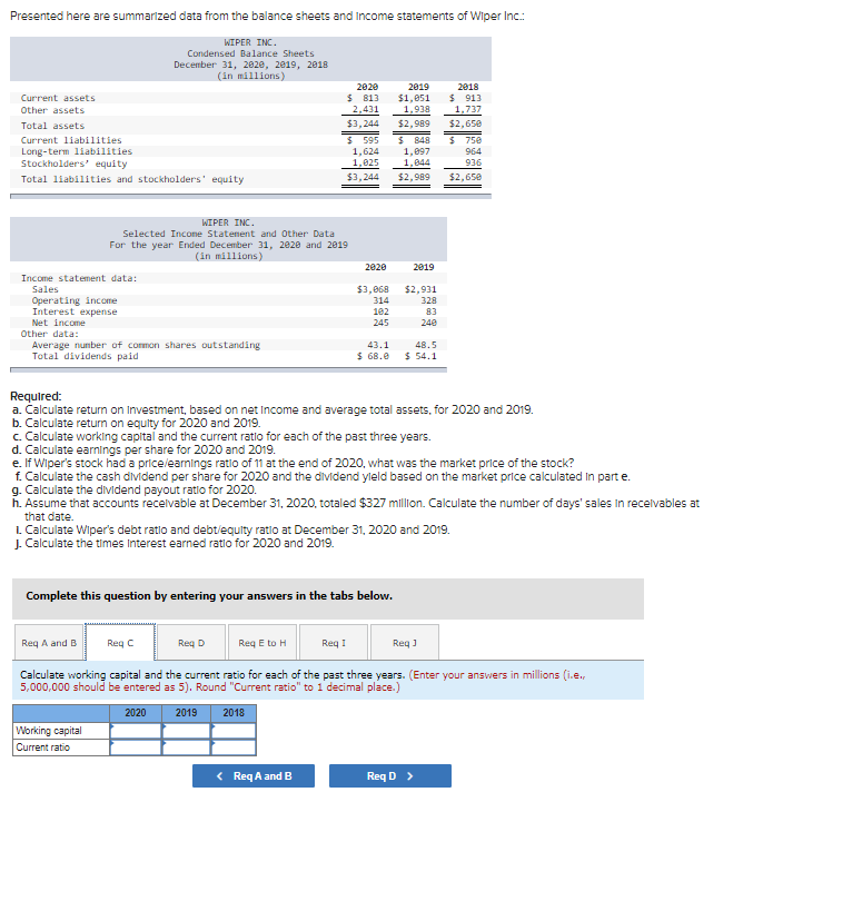 statements of Wiper Inc.: Required: a. Calculate return on Investment, based on