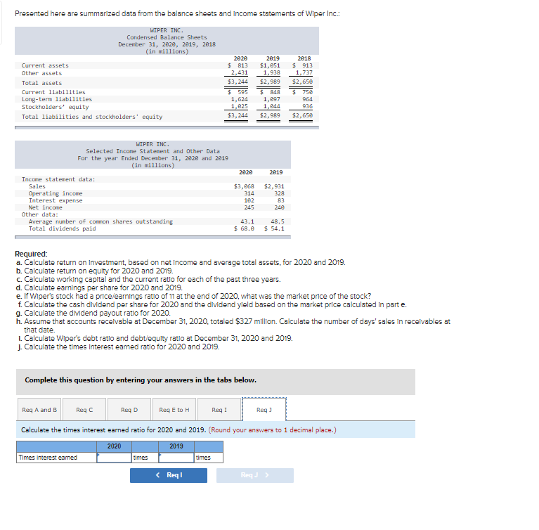earnings per share for 2020 and 2019. e. If Wiper's stock had