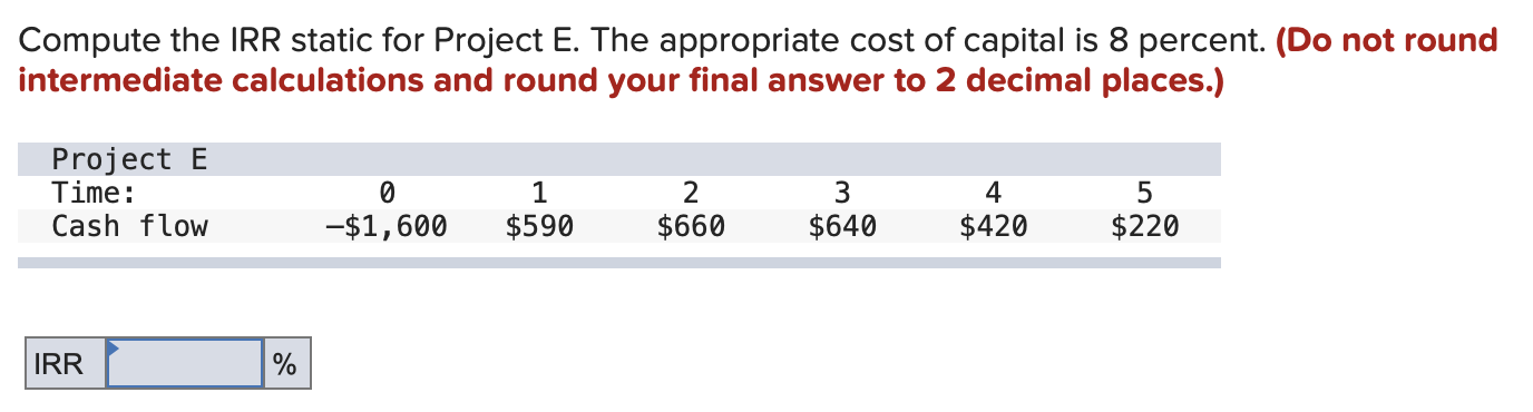 Compute the IRR static for Project E. The appropriate cost of capital