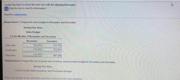 Budget For the Months of November and December Cash sales Credit sales