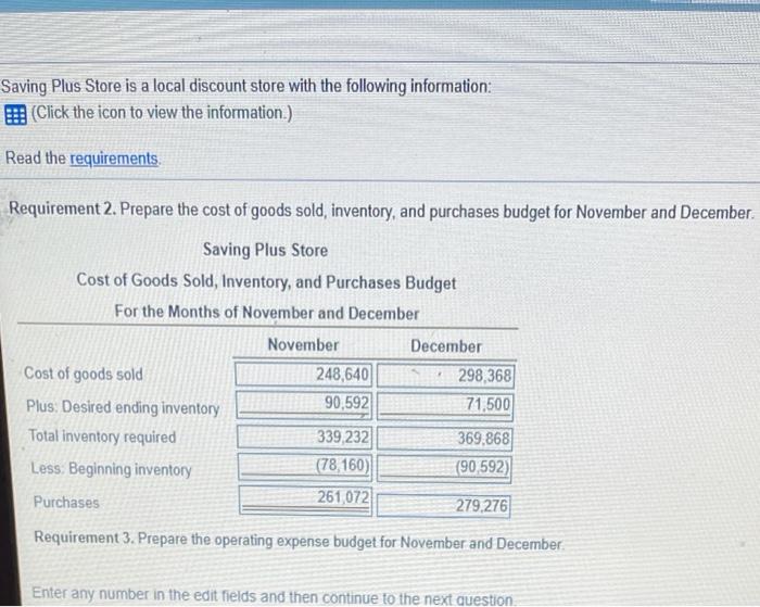 Total sales November December 103,600 124,320 310,800 372,960 414,400 497,280 Requirement 2.