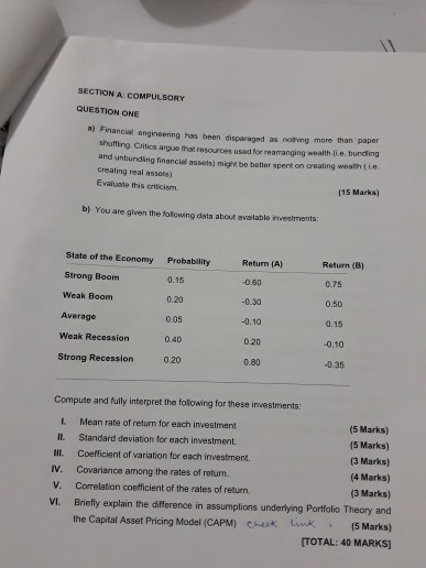  11 SECTION A COMPULSORY QUESTION ONE a Financial angineering has been