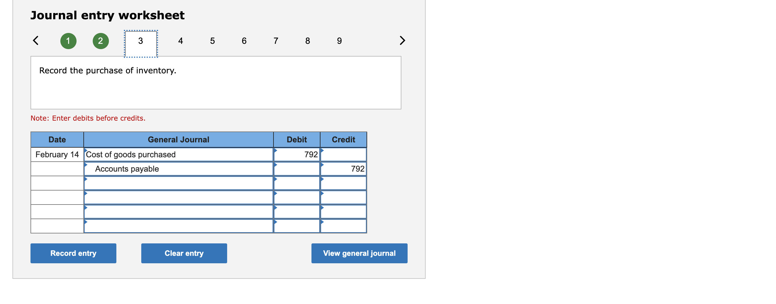 Enter debits before credits. Journal entry worksheet Journal entry worksheet Note: Enter