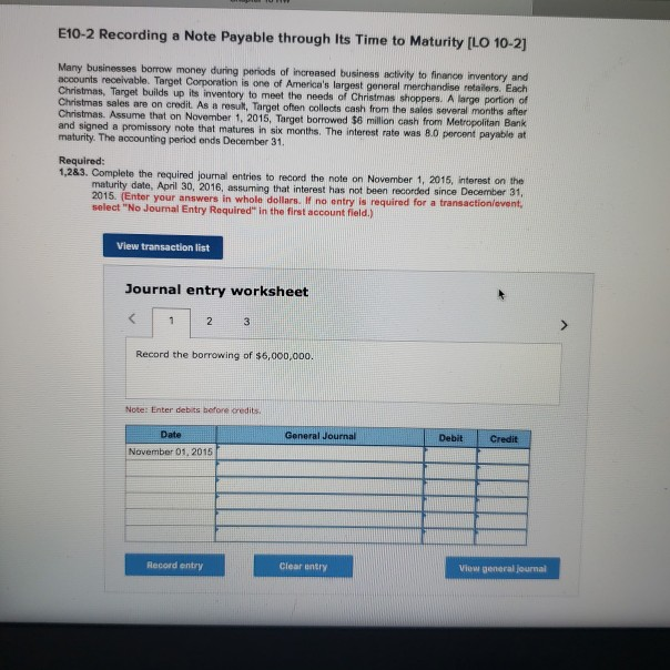 E10-2 Recording a Note Payable through Its Time to Maturity [LO