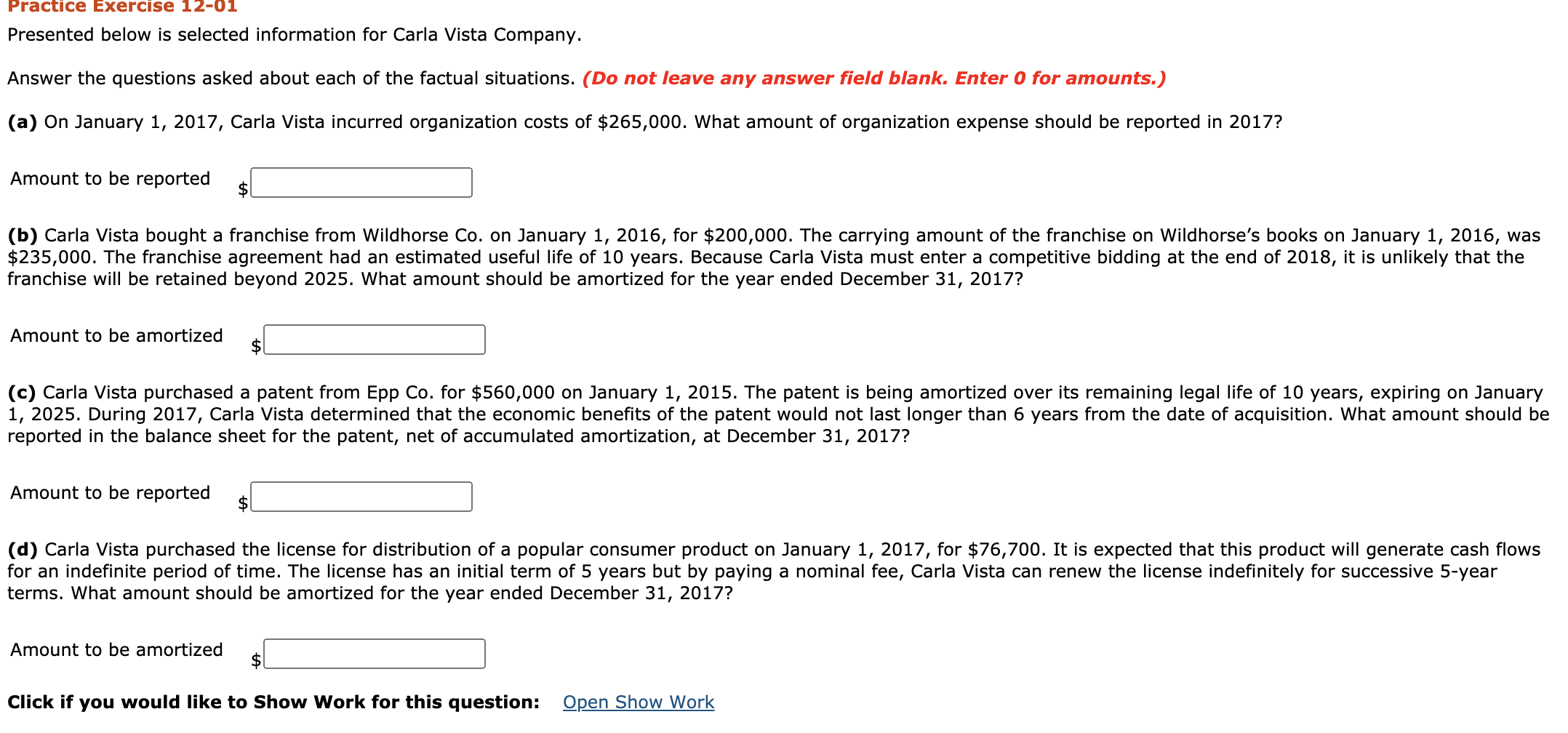 Practice Exercise 12-01 Presented below is selected information for Carla Vista