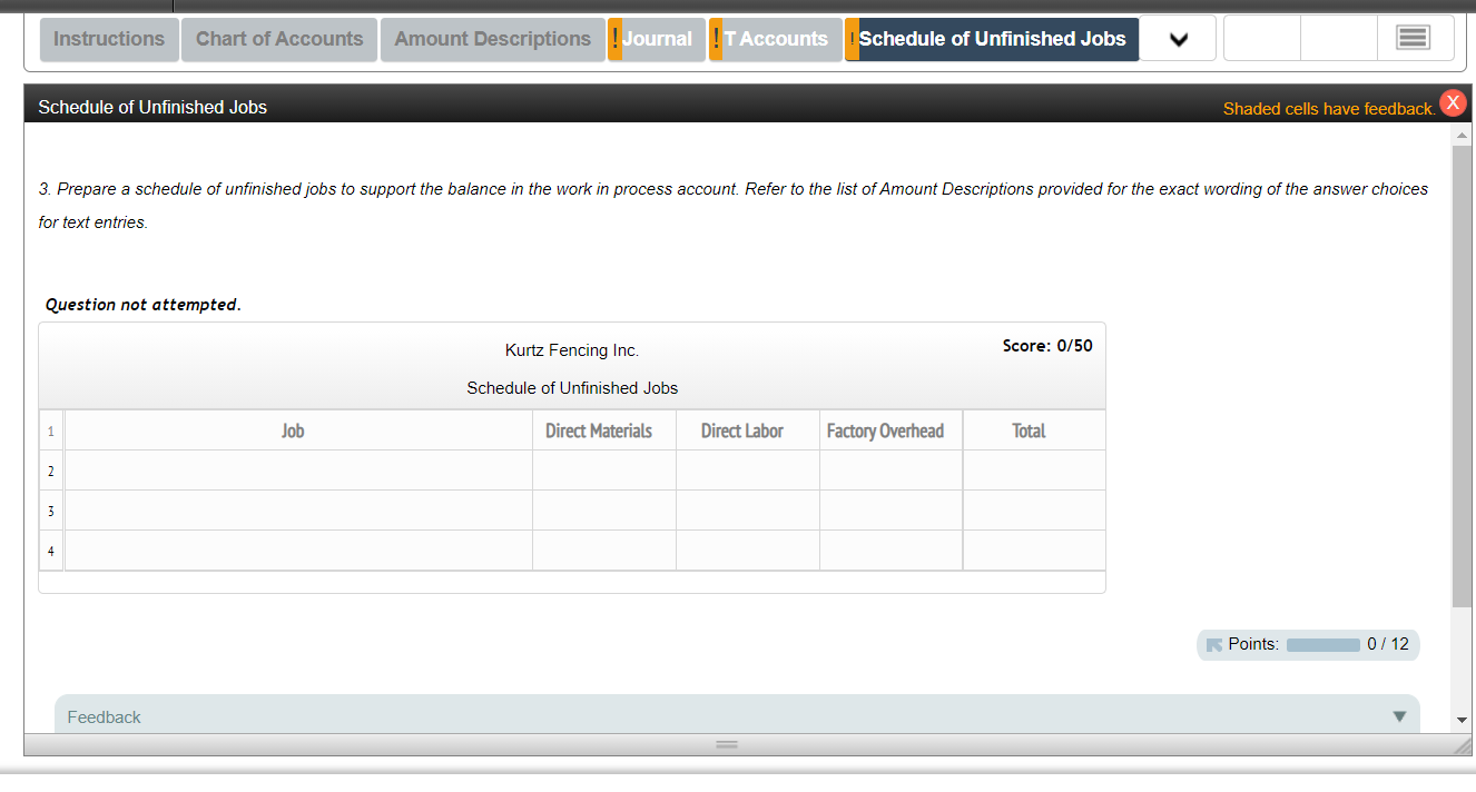 Instructions Chart of Accounts Amount Descriptions Journal TAccounts Schedule of Unfinished Jobs