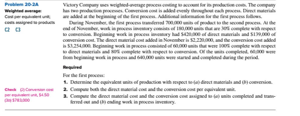 Problem 20-2A Weighted average: Cost per equivalent unit: costs assigned to