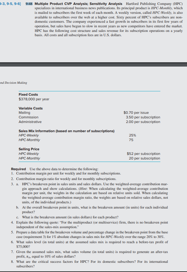  93,95,96] 9-48 Multiple Product CVP Analysis; Sensitivity Analysis Hartford Publishing Company