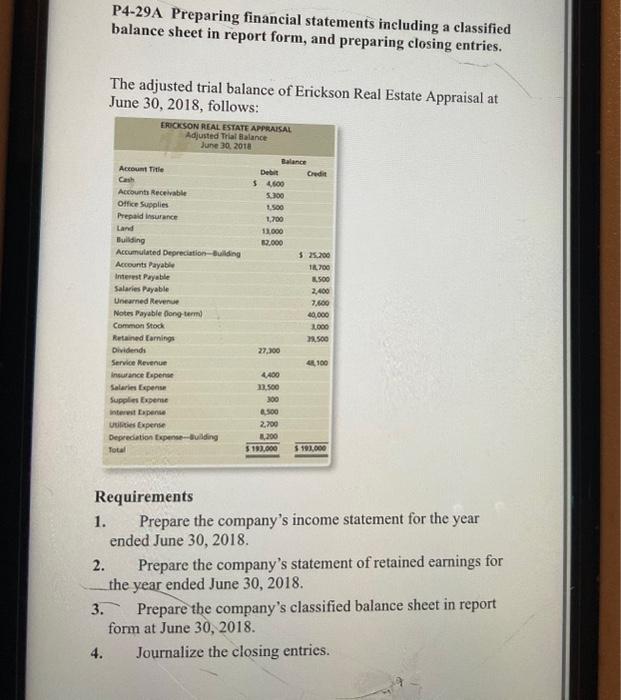 Excel Format please P4-29A Preparing financial statements including a classified balance sheet
