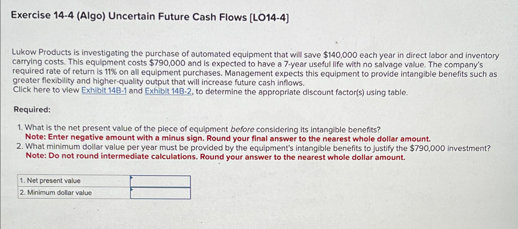  Exercise 14-4(Algo) Uncertain Future Cash Flows [L014-4] Lukow Products is investigating