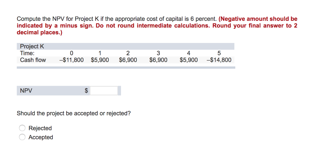 Compute the NPV for Project K if the appropriate cost of