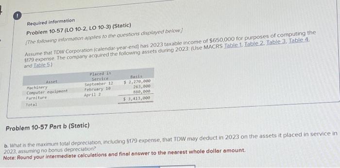  Required information Problem 10-57 (LO 10-2, LO 10-3) (Static) [The following