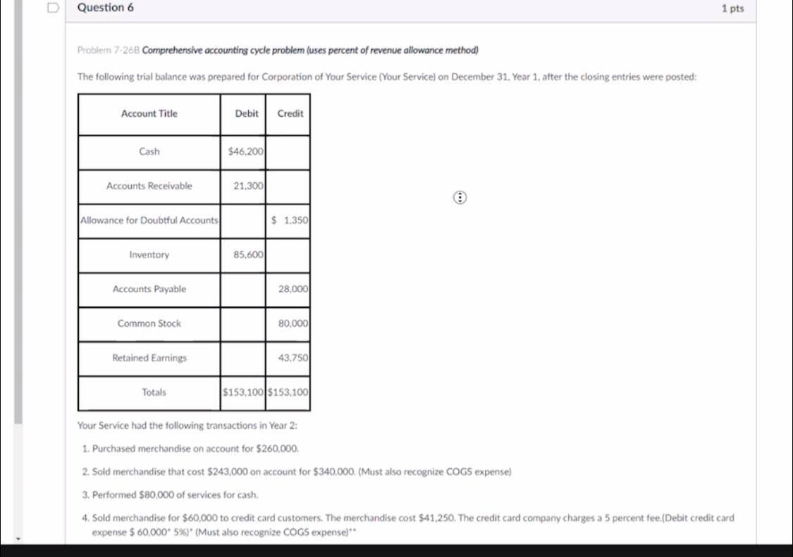 D Question 6 1 pts Problem 7-26B Comprehensive accounting cycle problem