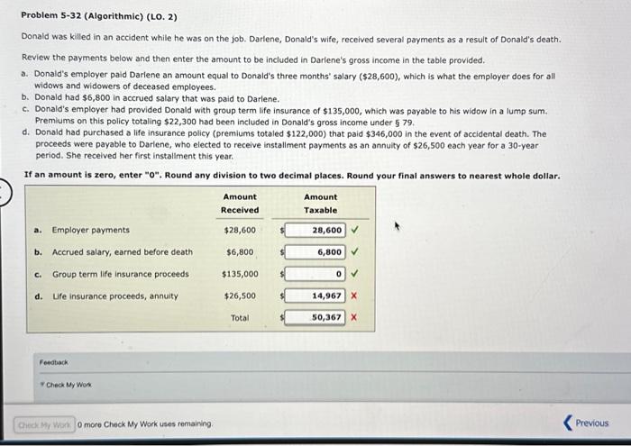  Problem 5-32 (Algorithmic) (LO. 2) Donald was killed in an accident