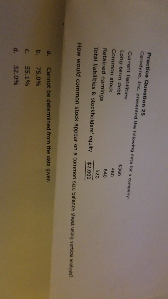  Practice Question 25 Ceradyne, Inc. presented the following data for a