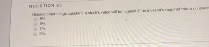  QUESTION 23 Holding other things constant, a stock's value will be