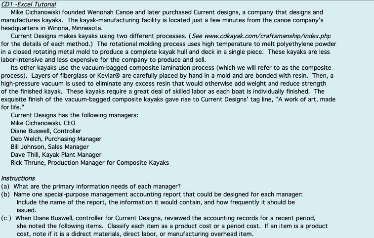CD1 -Excel Tutorial Mike Cichanowski founded Wenonah Canoe and later purchased