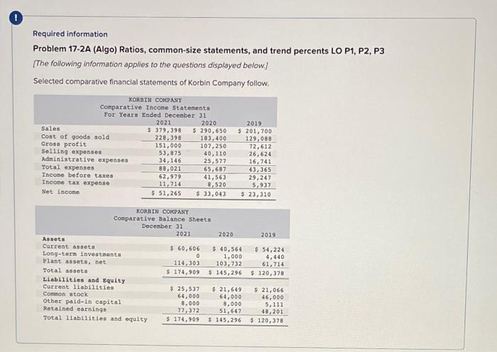  ! Required information Problem 17-2A (Algo) Ratios, common-size statements, and trend