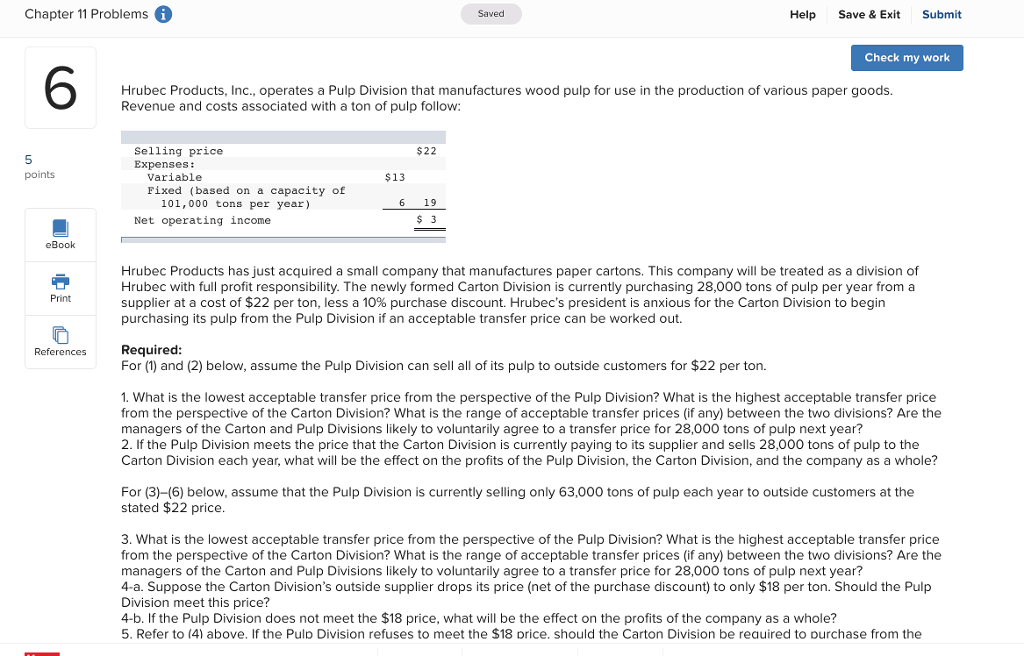  Chapter 11 Problems Saved Help Save & Exit Submit Check my