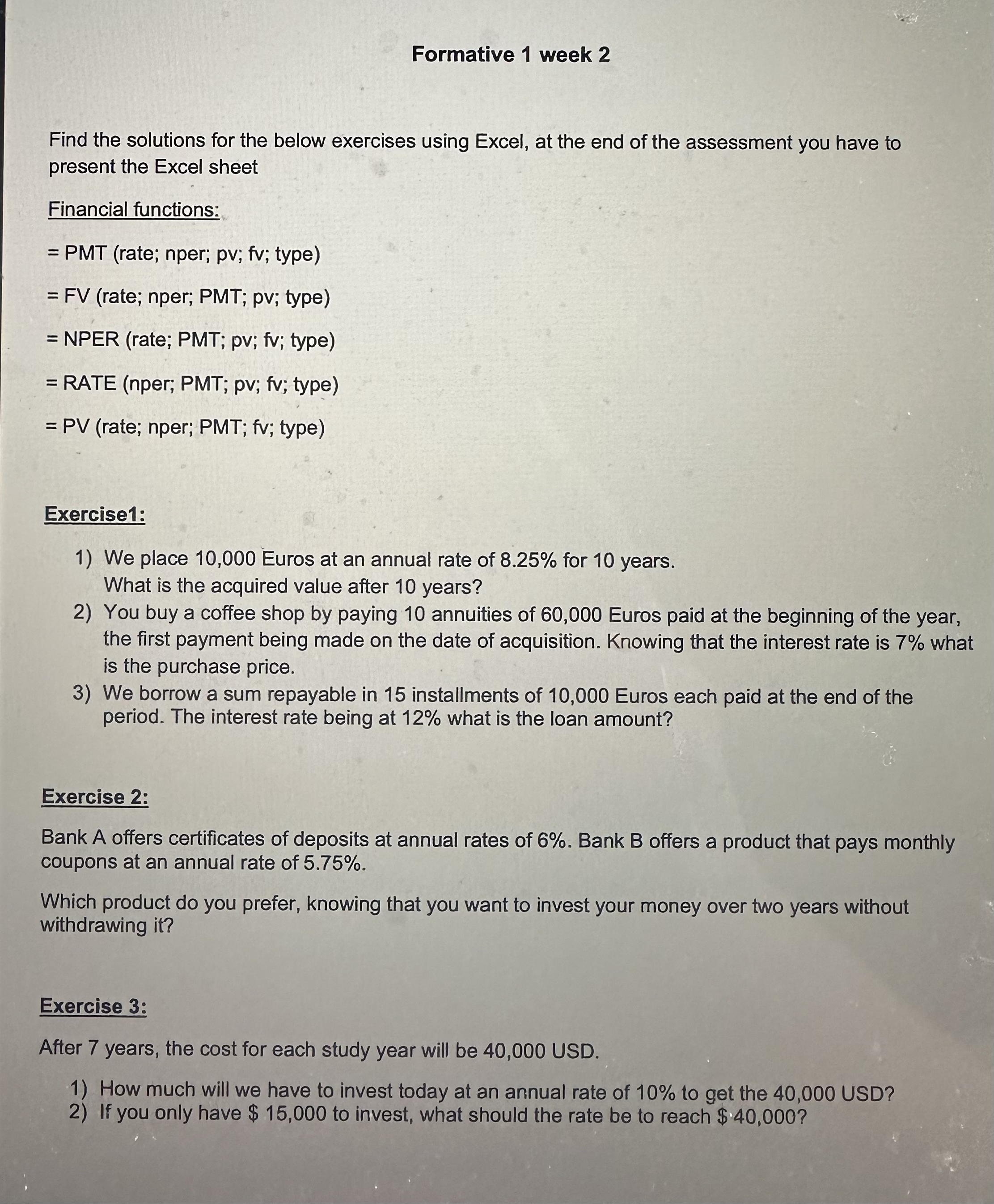  Pleese only on excel Formative 1 week 2 Find the solutions