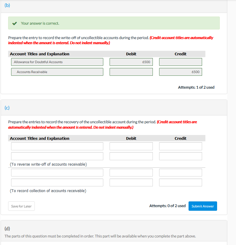 for Shamrock Corp. Accounts receivable (beginning balance) Allowance for doubtful accounts (beginning