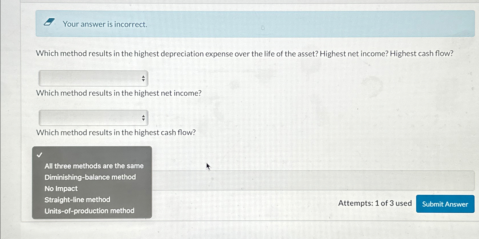  Your answer is incorrect. Which method results in the highest depreciation