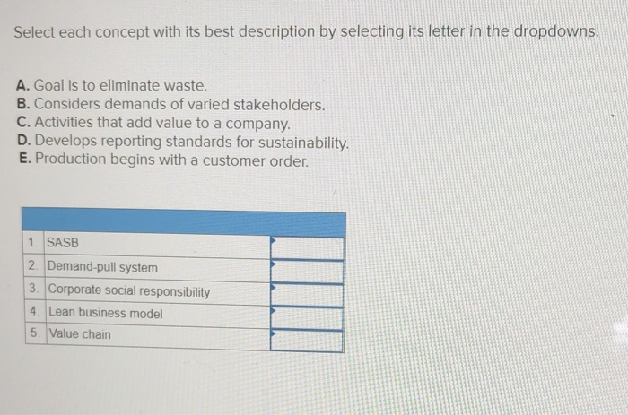  Select each concept with its best description by selecting its letter
