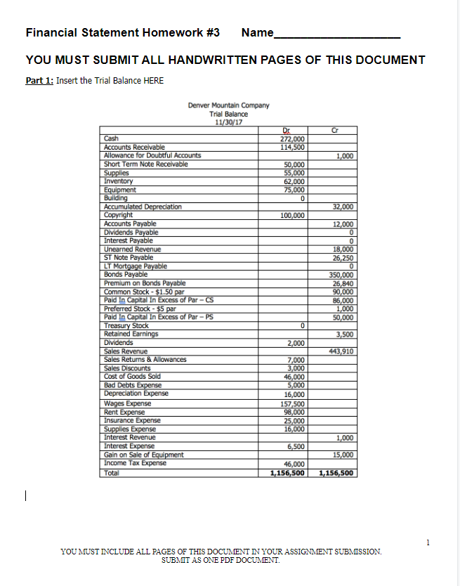  Financial Statement Homework #3 Name YOU MUST SUBMIT ALL HANDWRITTEN PAGES