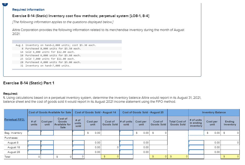Required Information Exercise 8-14 (Static) Inventory cost flow methods; perpetual system