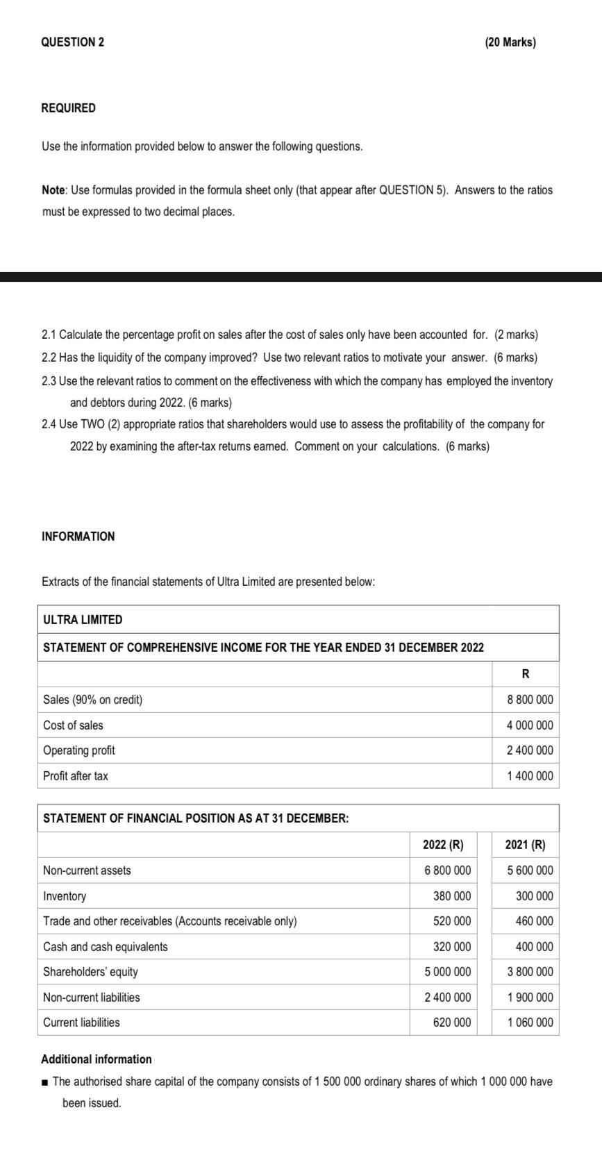  QUESTION 2 (20 Marks) REQUIRED Use the information provided below to