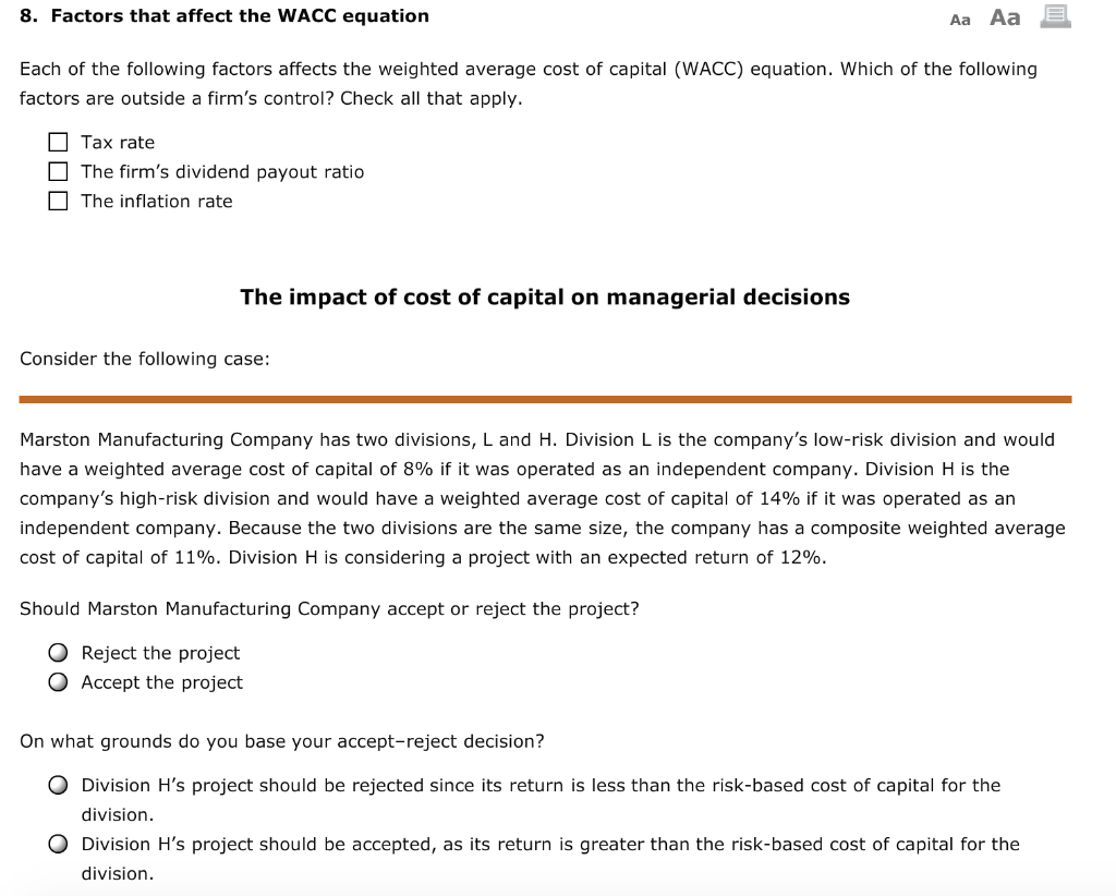  8. Factors that affect the WACC equation Aa Aa E Each