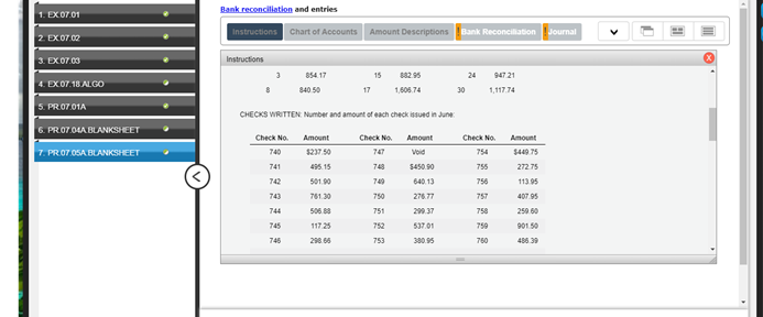 reconciliation and entries Instruction Chart of Accounts Amount Descriptions Bank Reconciliation Journal