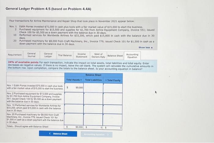  General Ledger Problem 4.5 (based on Problem 4.4A) Four transactions for