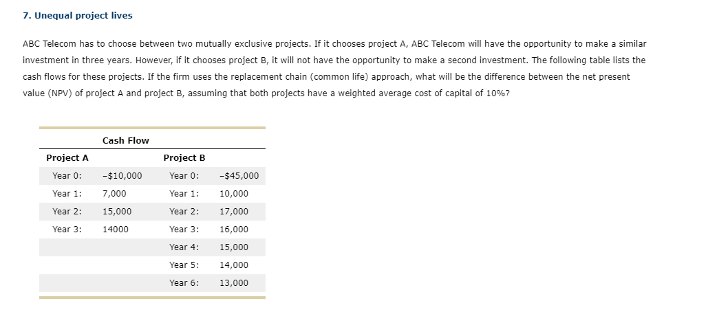 7. Unequal project lives ABC Telecom has to choose between two