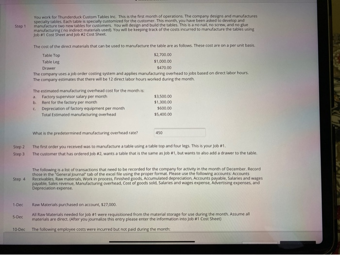  Step 1 You work for Thunderduck Custom Tables Inc. This is