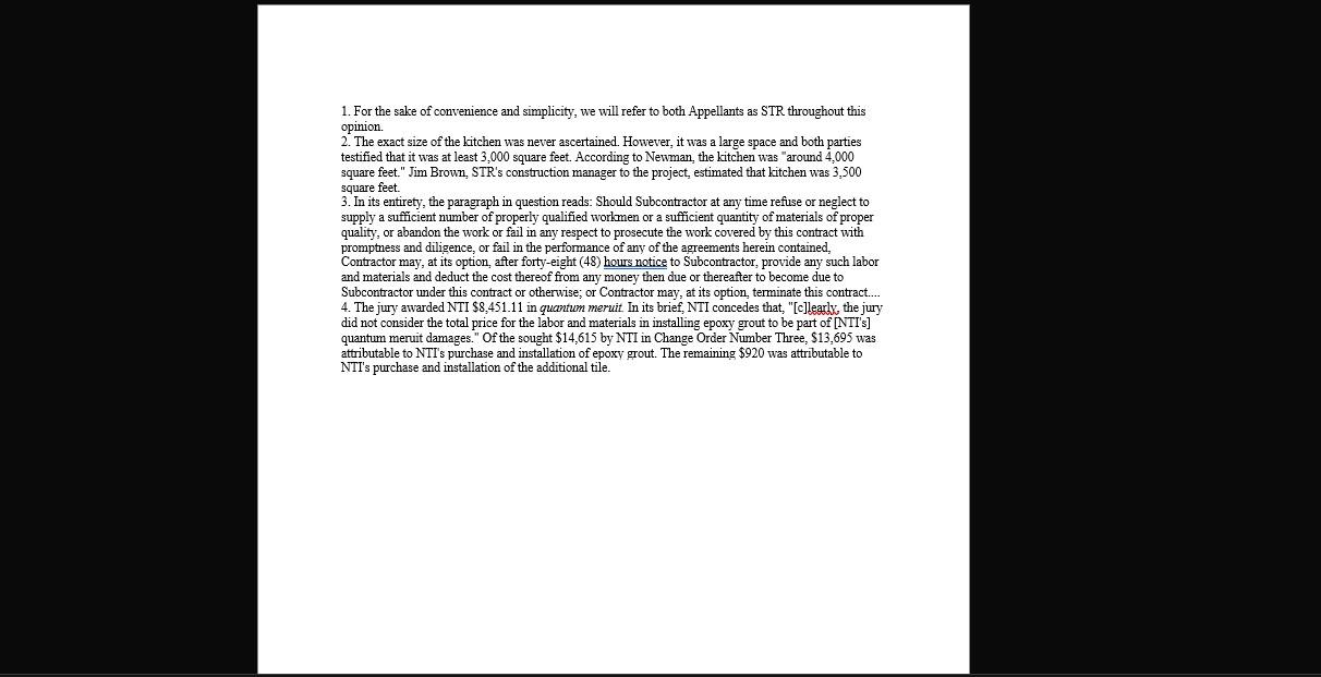 rejected tile work relieved it from having to pay NTI. STR also